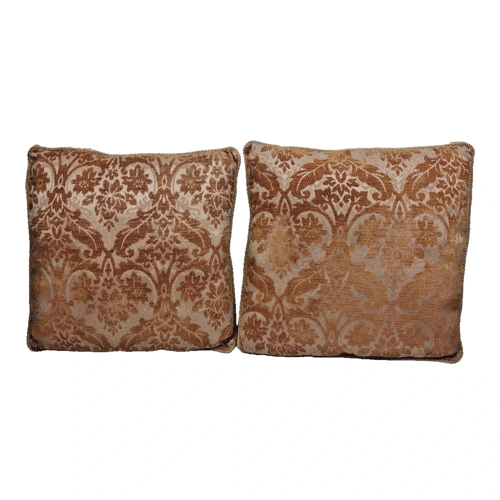Set of 2 VTG Damask Throw Pillows Brown Gold Corded Trim 15x15 Jacquard Damask